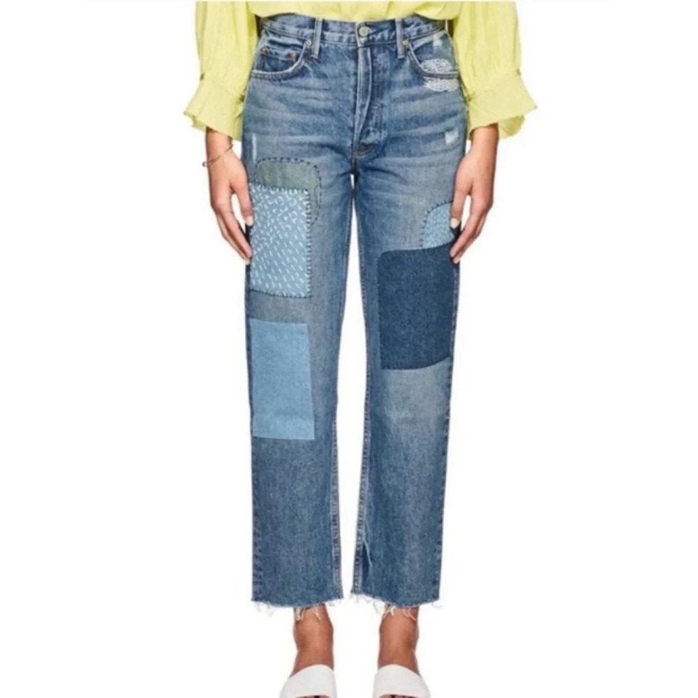 GRLFRND Helena High Rise Straight Leg Distressed Patchwork Jeans Morrison Sz 28